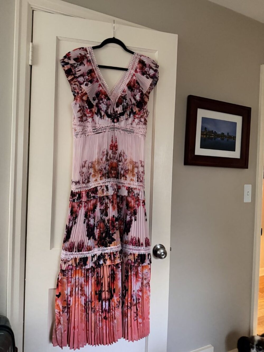 Karen Millen Floral Pleated Maxi Dress Lace Trim V-Neck US 10 UK 14